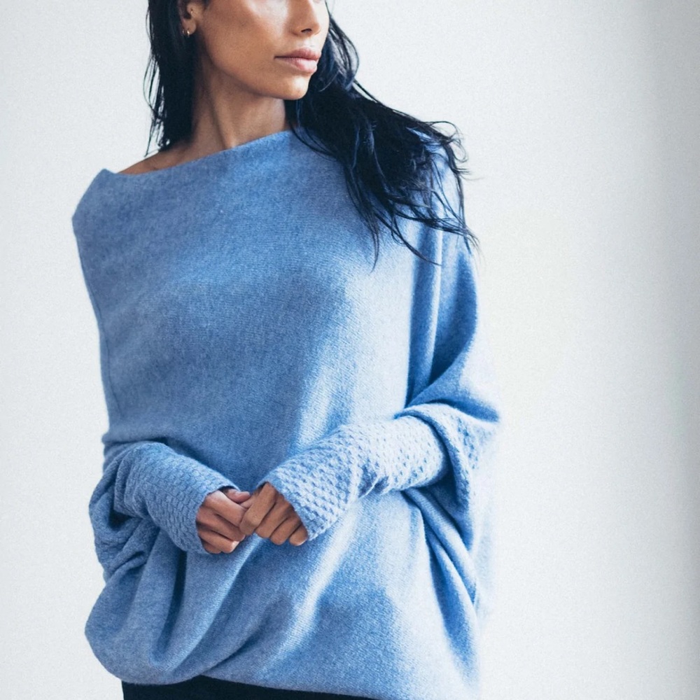 JAKI Asymmetric Draped Ultra Soft Knitted Jumper in Blue Marl NWOT OS